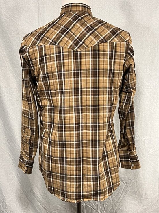 Ely Cattleman Pearl Snap Shirt Mens Medium Tan Brown Plaid Western Long Sleeve - Picture 4 of 9